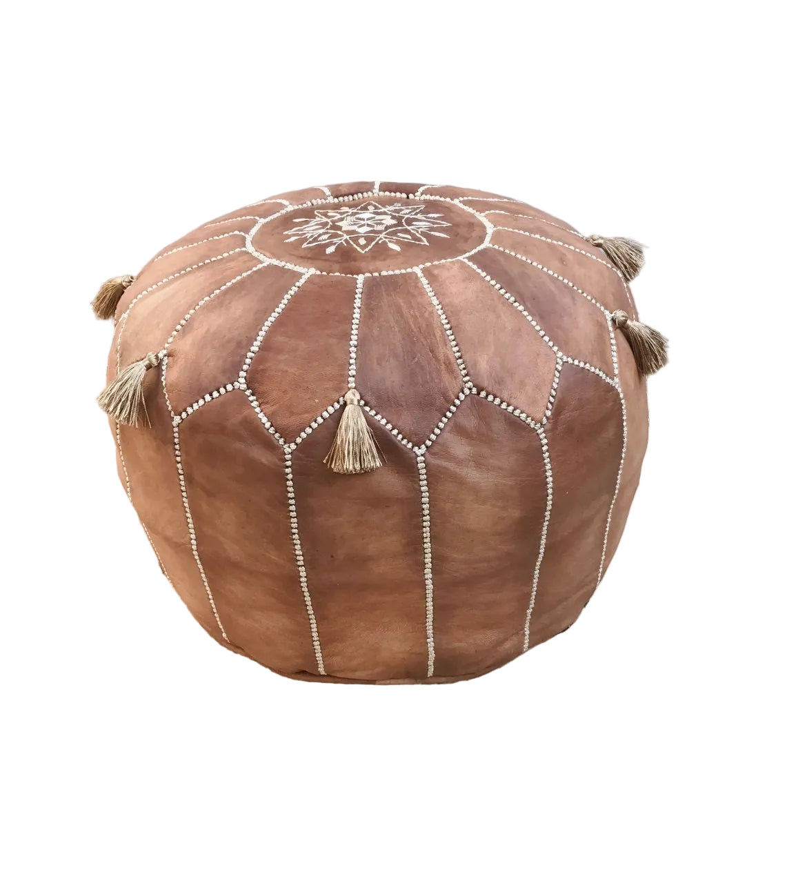 Handmade Moroccan Leather Pouf – Tan Brown Round Ottoman with Hand-Stitched Detail