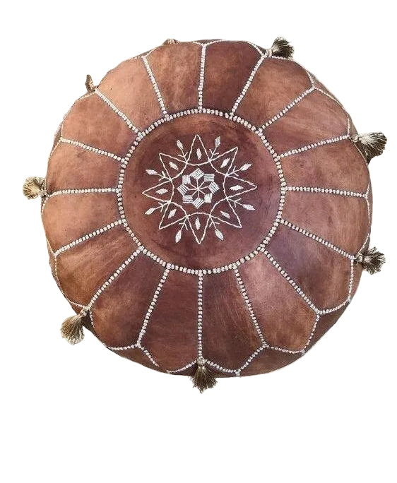 Handmade Moroccan Leather Pouf – Tan Brown Round Ottoman with Hand-Stitched Detail