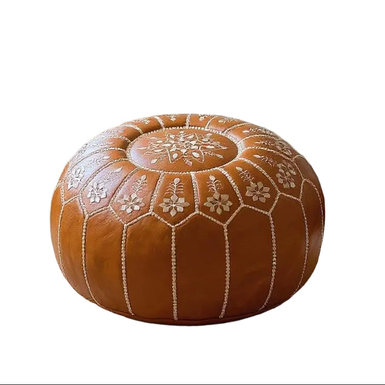 Handmade Moroccan Leather Pouf – Brown Round Ottoman Floor Cushion and Footstool