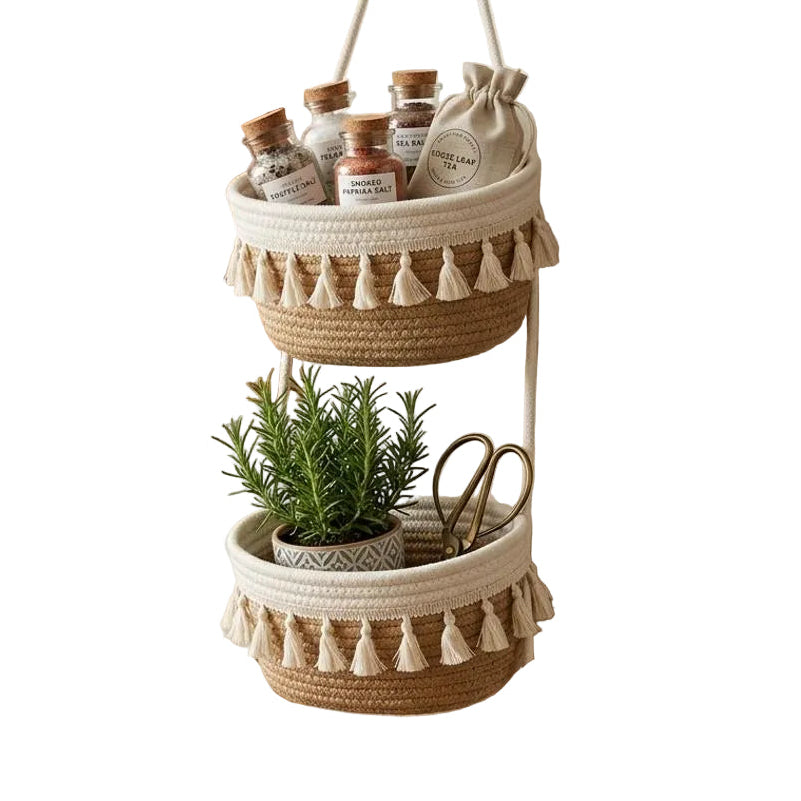 Handmade 3-Tier Hanging Basket Organizer – Handwoven Cotton Rope Storage with Tassel Boho Design
