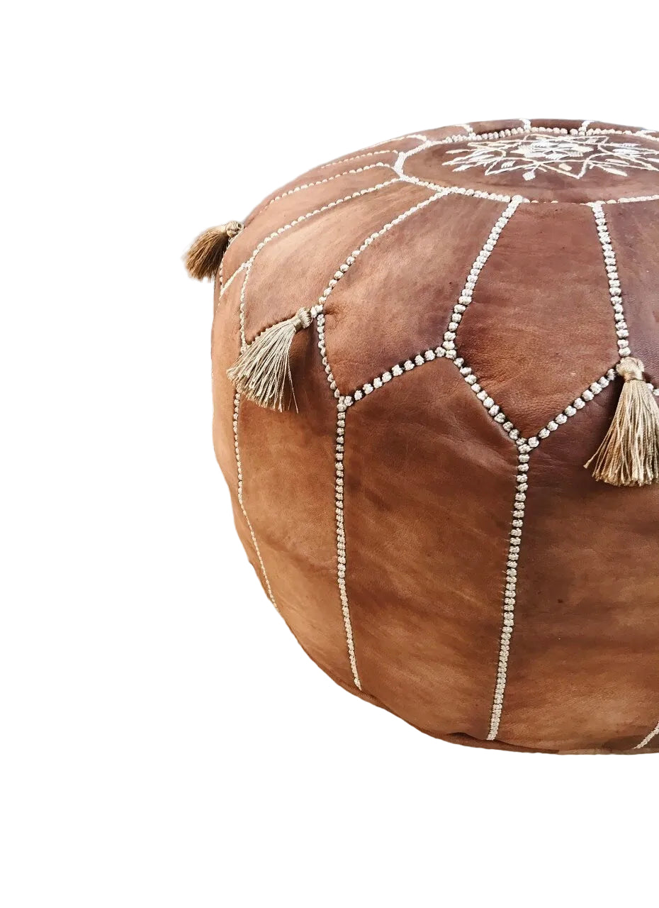 Handmade Moroccan Leather Pouf – Tan Brown Round Ottoman with Hand-Stitched Detail