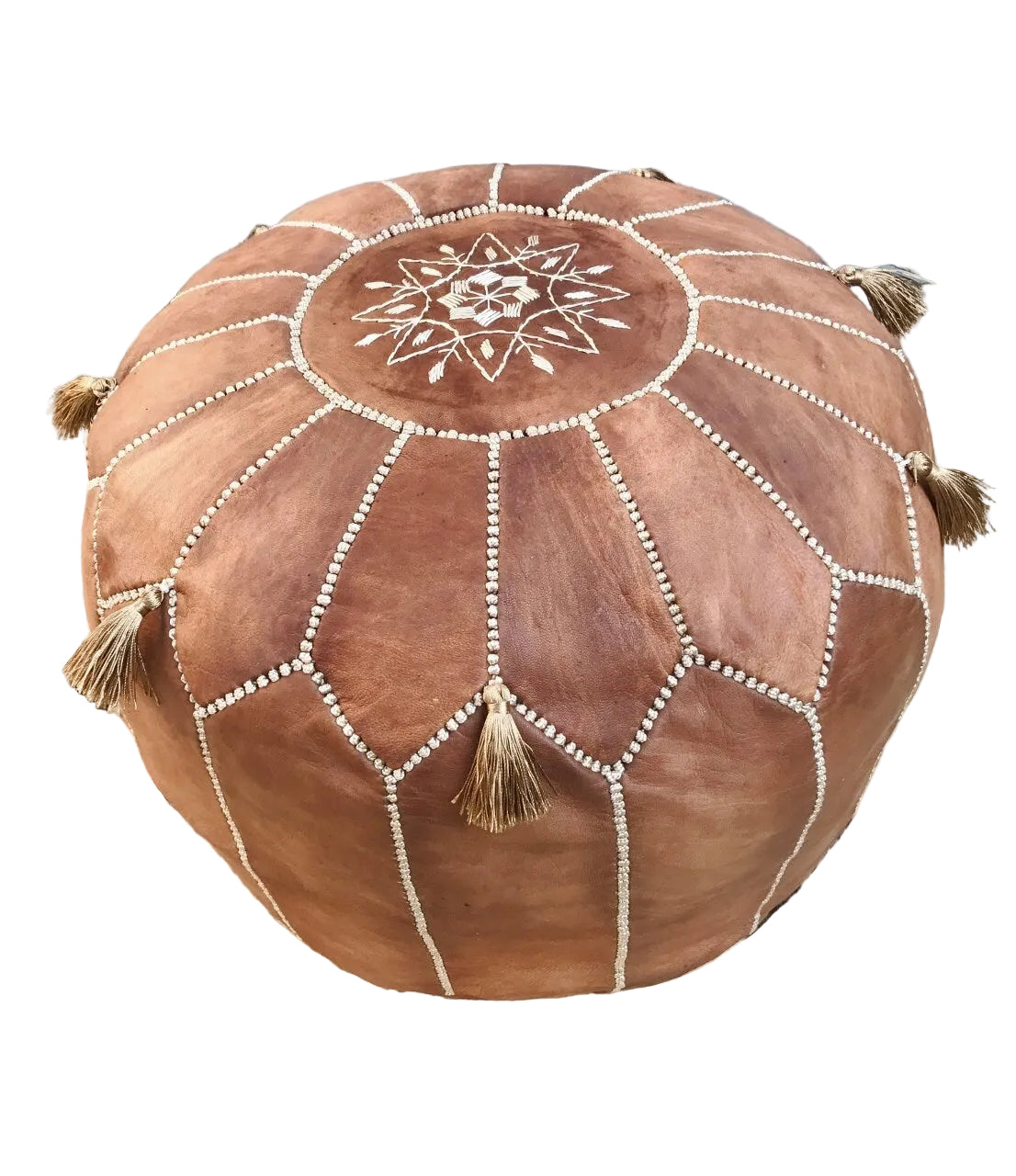 Handmade Moroccan Leather Pouf – Tan Brown Round Ottoman with Hand-Stitched Detail