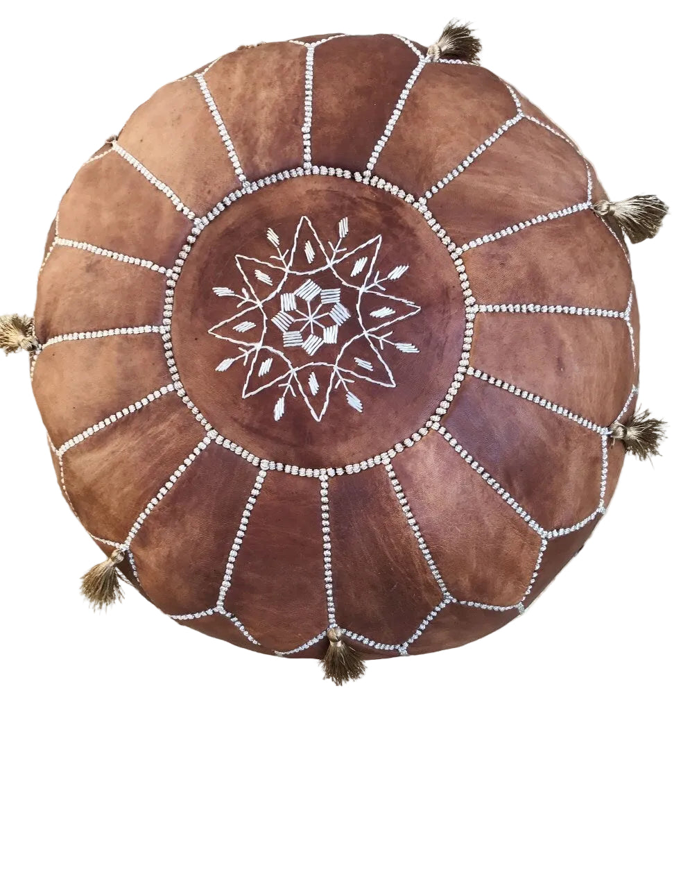 Handmade Moroccan Leather Pouf – Tan Brown Round Ottoman with Hand-Stitched Detail