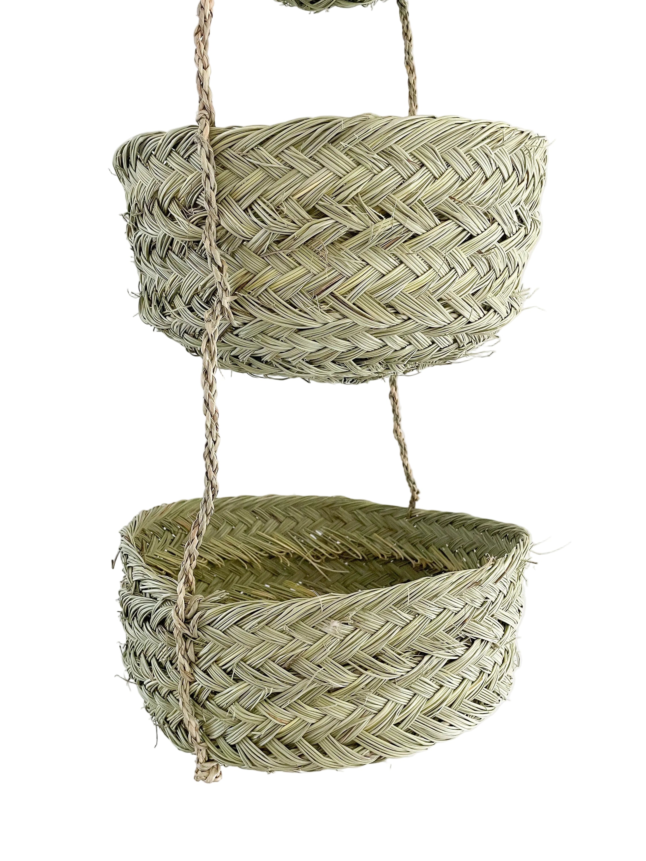 Handmade Moroccan Wicker Hanging Storage Basket – 3-Tier Woven Organizer for Wall or Ceiling