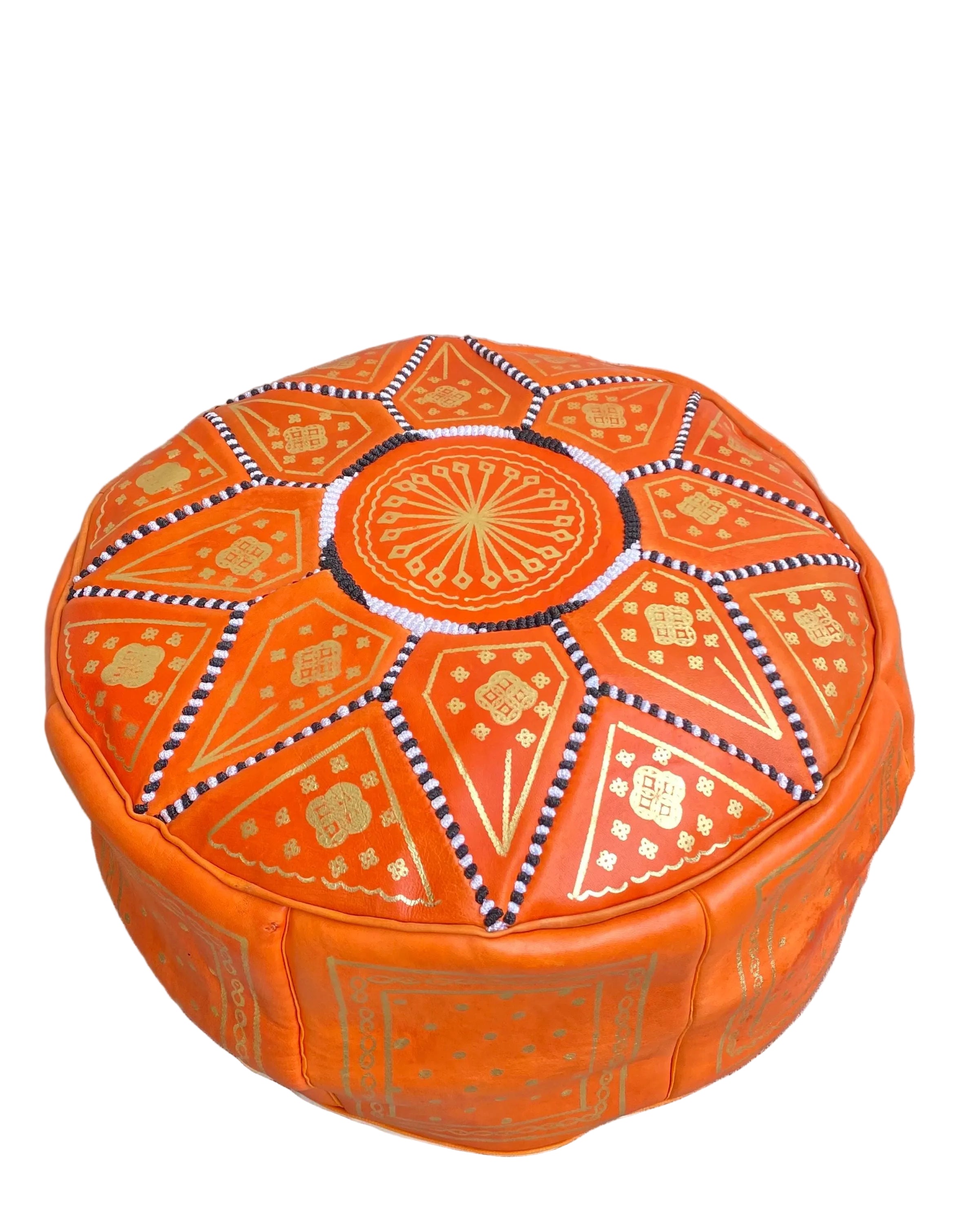 Handmade Moroccan Leather Pouf – Orange Round Ottoman with Hand-Stitched Pattern