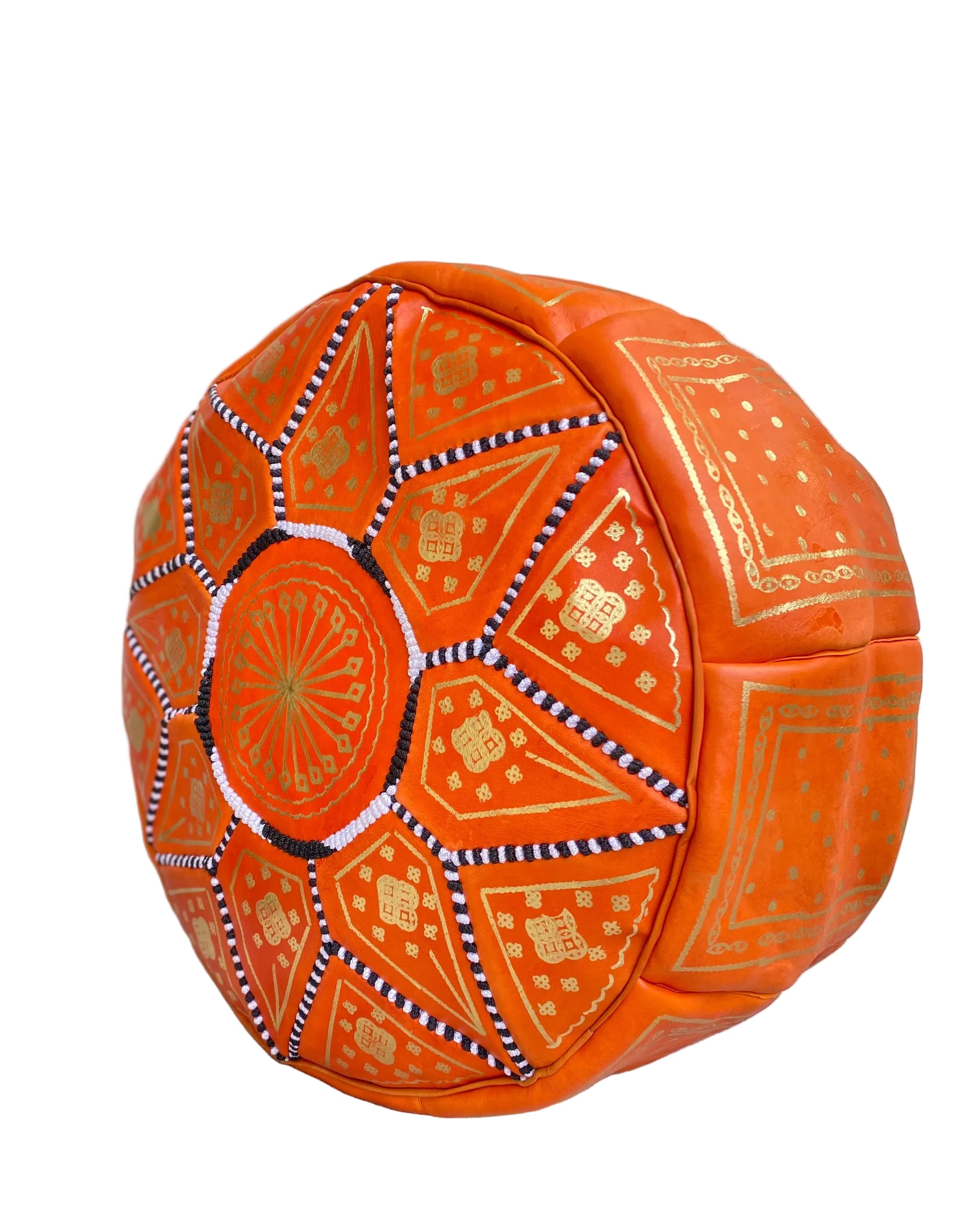 Handmade Moroccan Leather Pouf – Orange Round Ottoman with Hand-Stitched Pattern