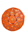 Handmade Moroccan Leather Pouf – Orange Round Ottoman with Hand-Stitched Pattern