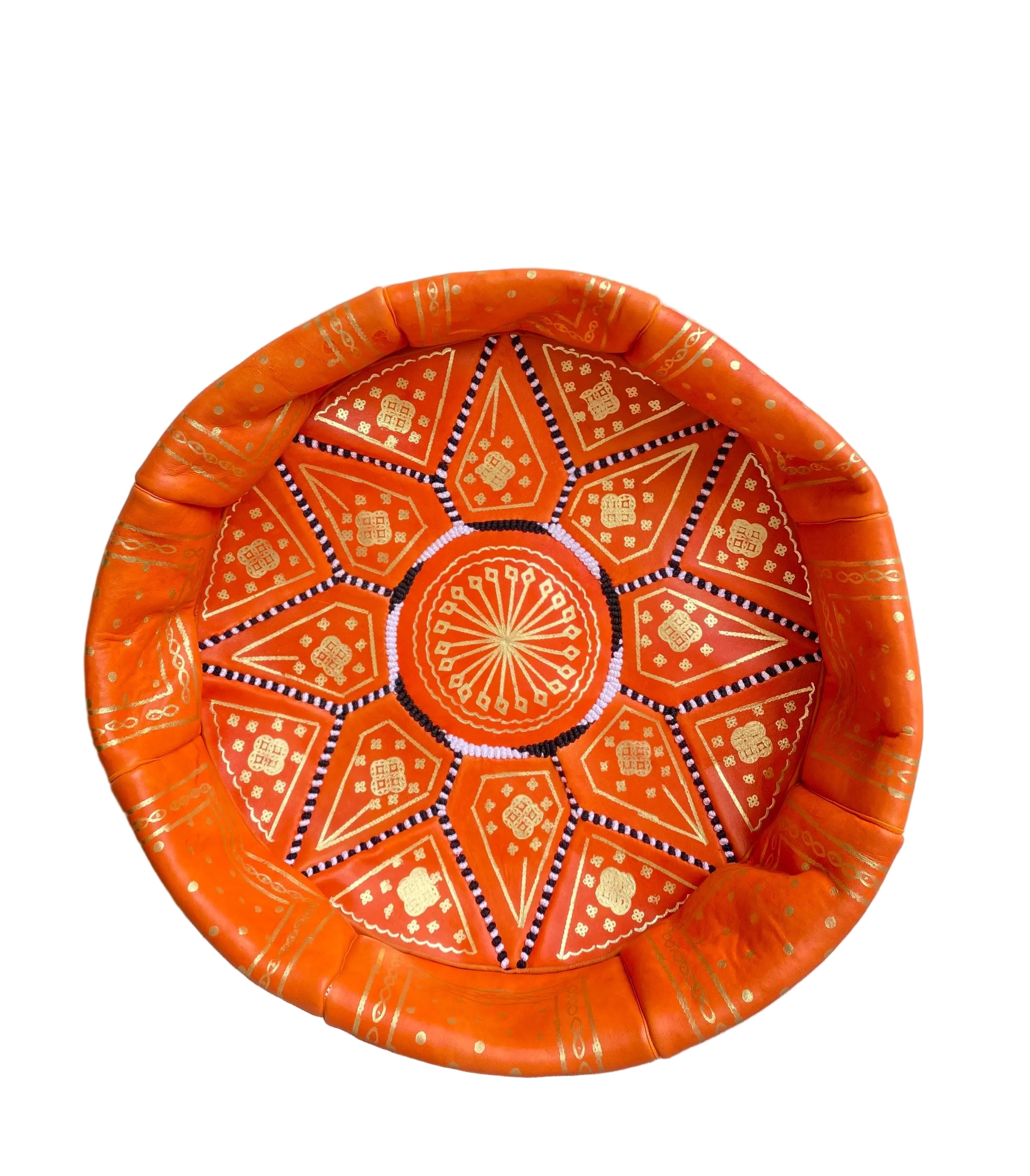 Handmade Moroccan Leather Pouf – Orange Round Ottoman with Hand-Stitched Pattern