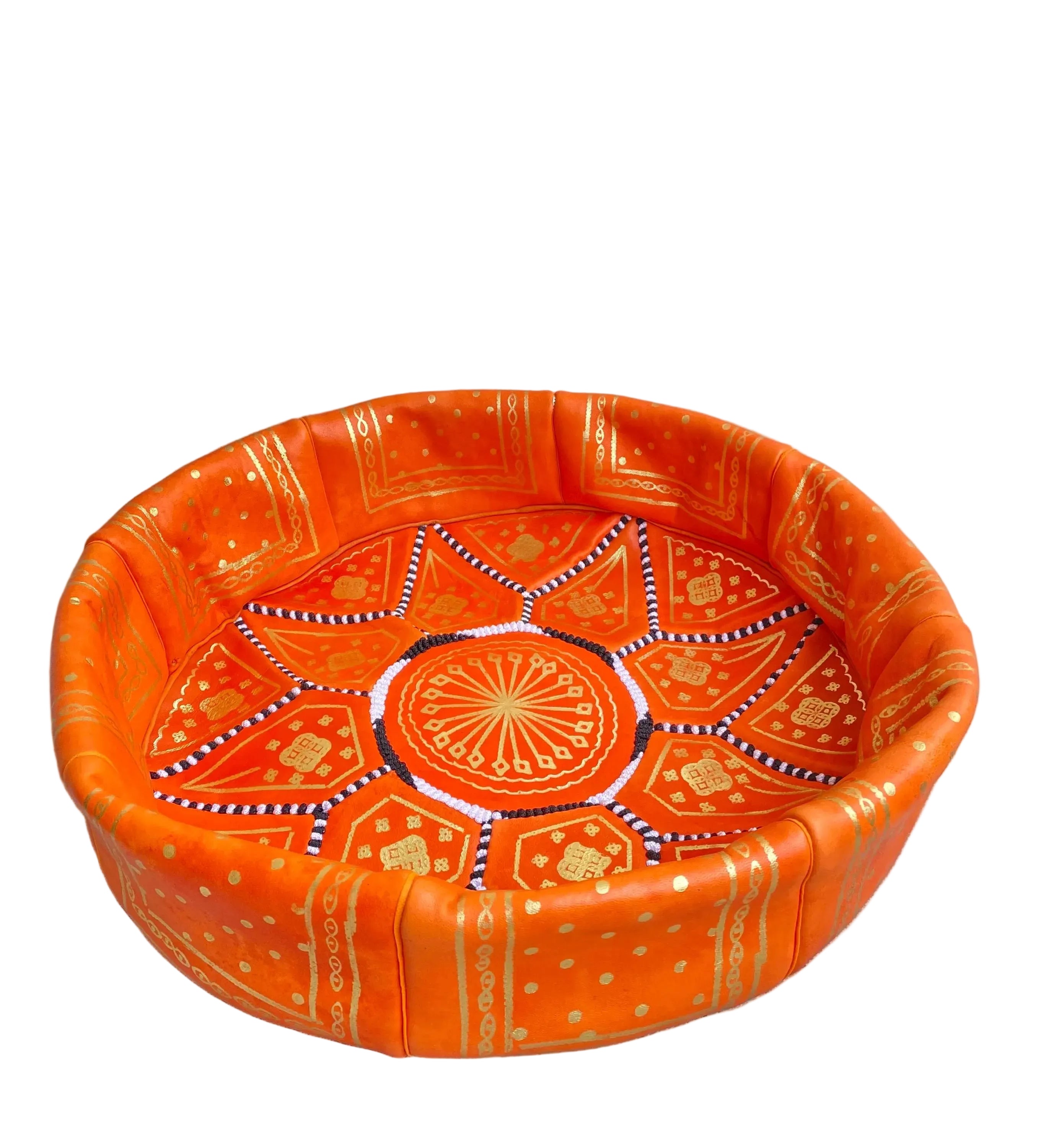 Handmade Moroccan Leather Pouf – Orange Round Ottoman with Hand-Stitched Pattern