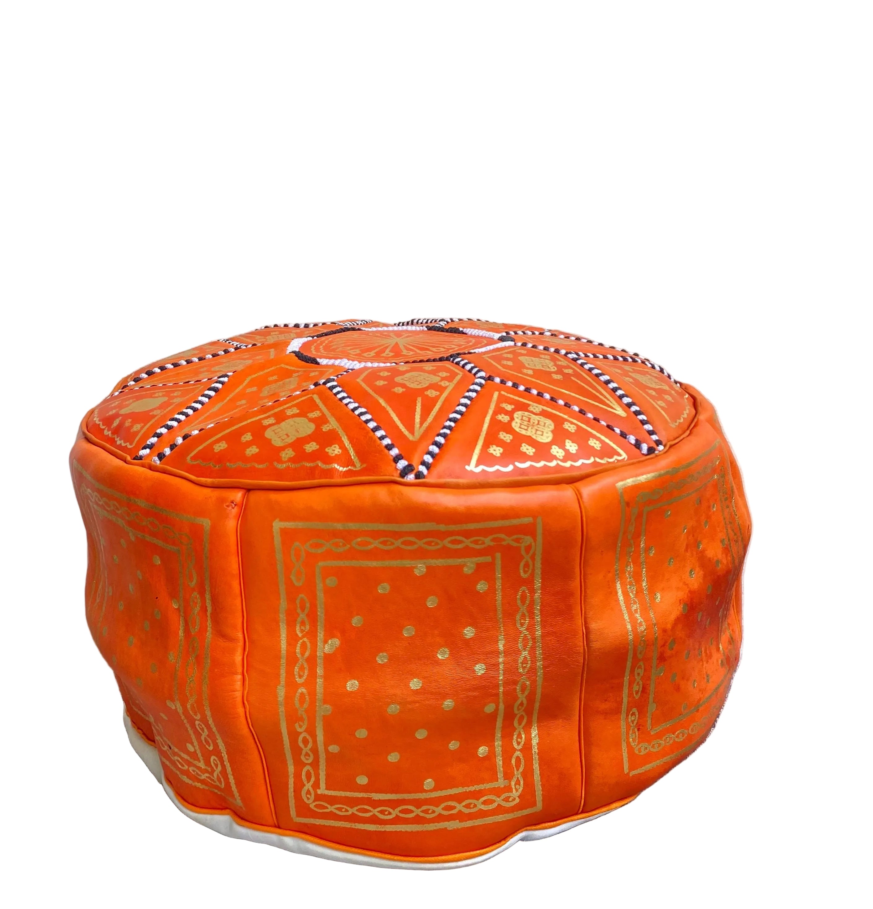 Handmade Moroccan Leather Pouf – Orange Round Ottoman with Hand-Stitched Pattern