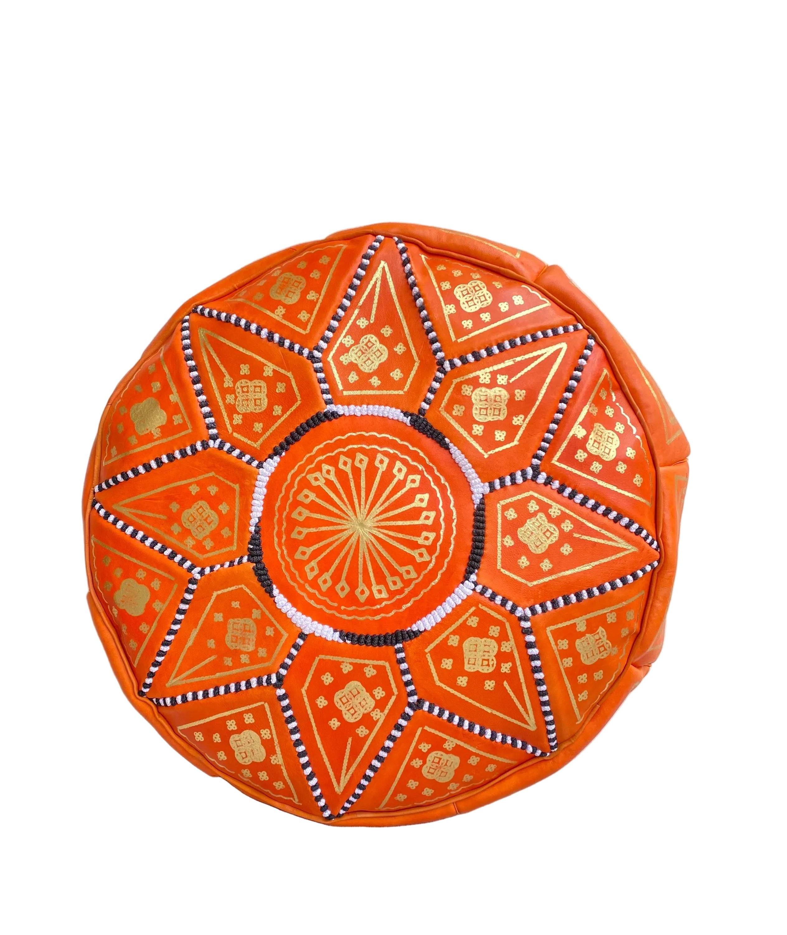 Handmade Moroccan Leather Pouf – Orange Round Ottoman with Hand-Stitched Pattern