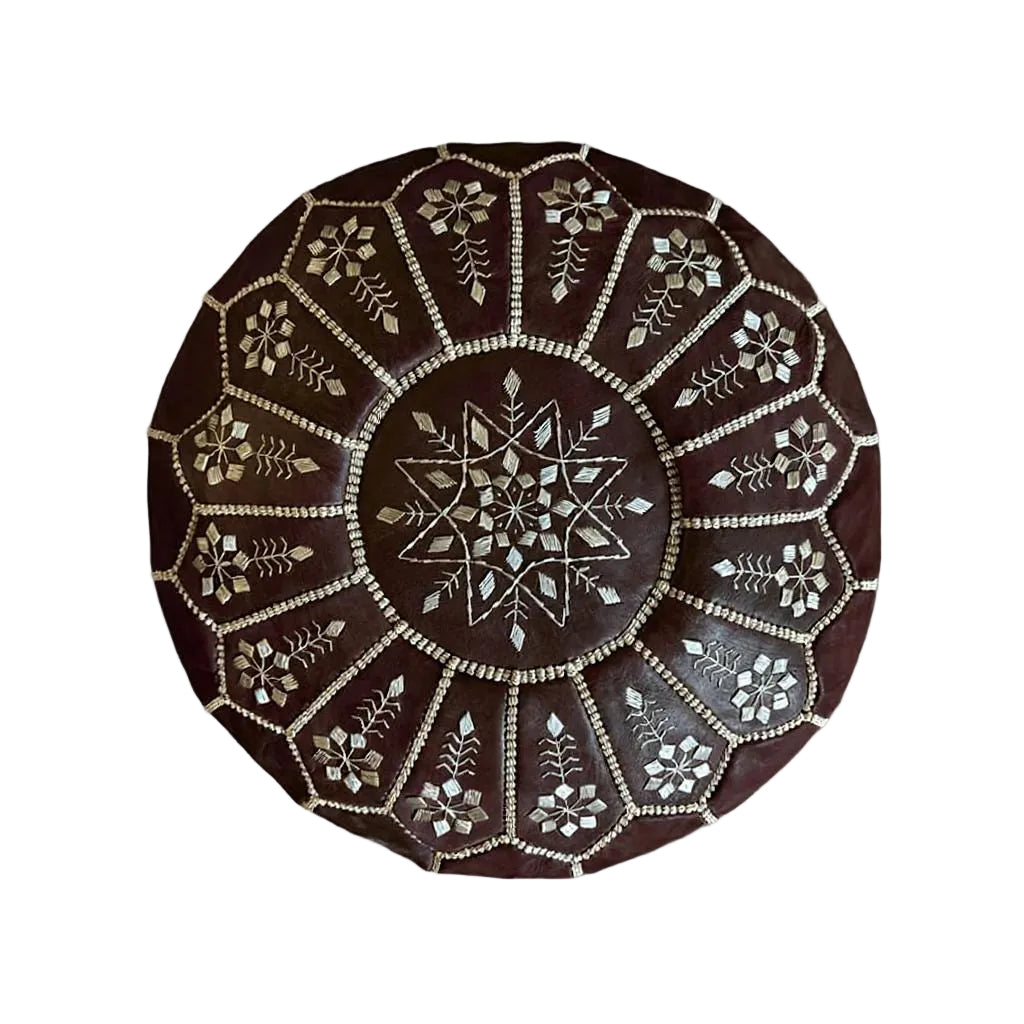 Handmade Moroccan Leather Pouf – Brown Round Ottoman Floor Cushion and Footstool