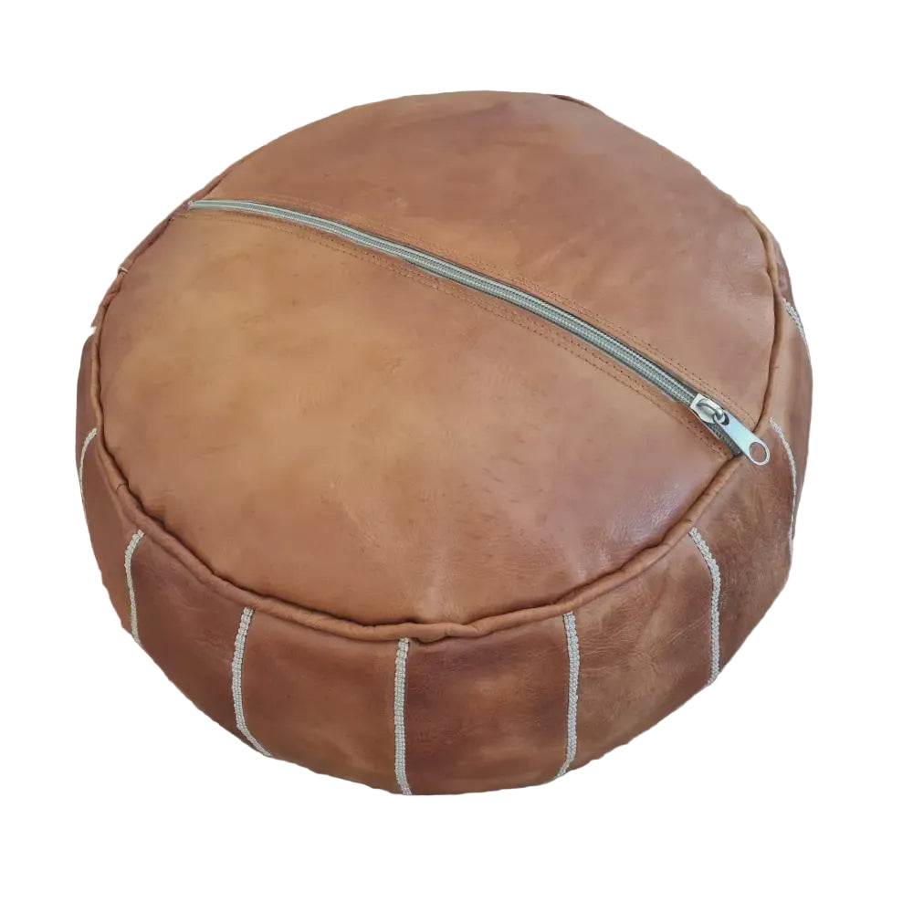 Handmade Moroccan Leather Pouf – Brown Round Ottoman Floor Cushion and Footstool
