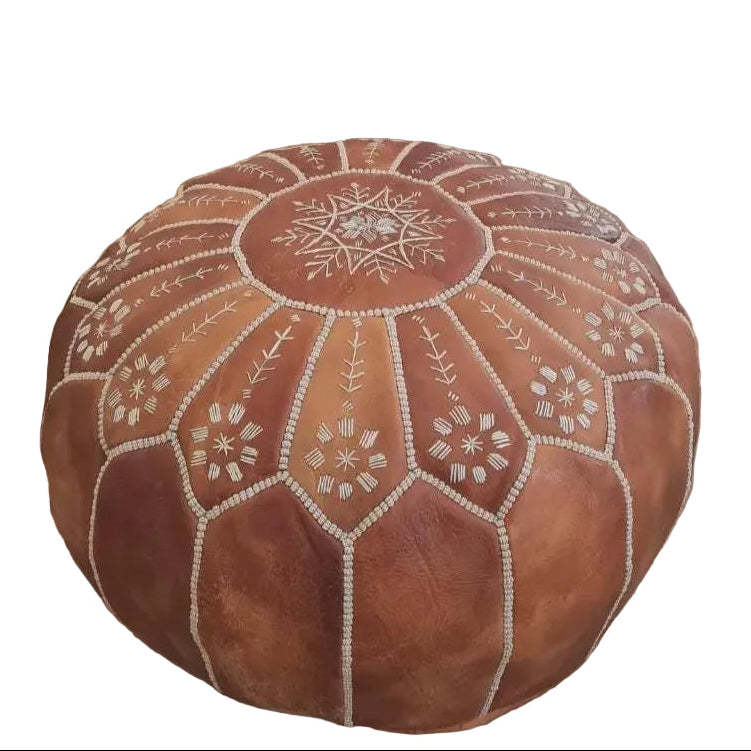 Handmade Moroccan Leather Pouf – Brown Round Ottoman Floor Cushion and Footstool