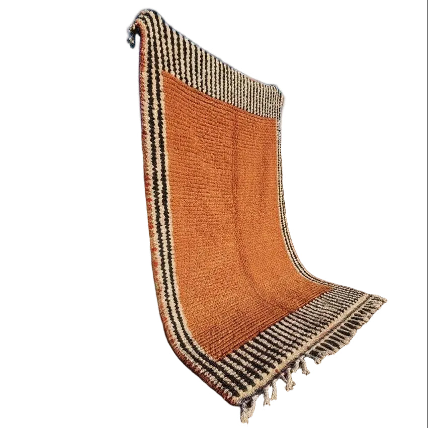 Handmade Moroccan Berber Rug – Terracotta Orange Wool Carpet with Striped Border