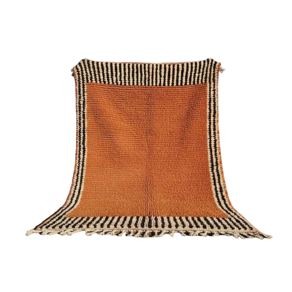 Handmade Moroccan Berber Rug – Terracotta Orange Wool Carpet with Striped Border