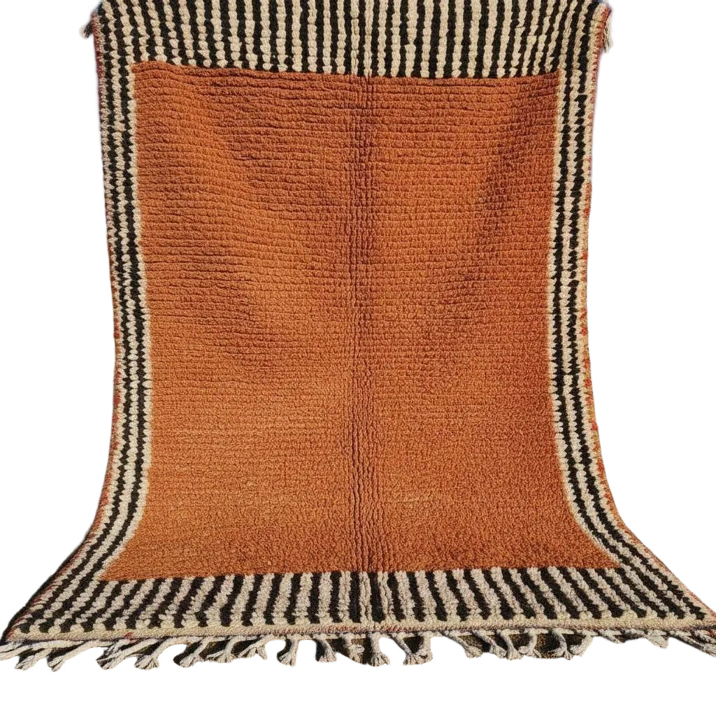 Handmade Moroccan Berber Rug – Terracotta Orange Wool Carpet with Striped Border
