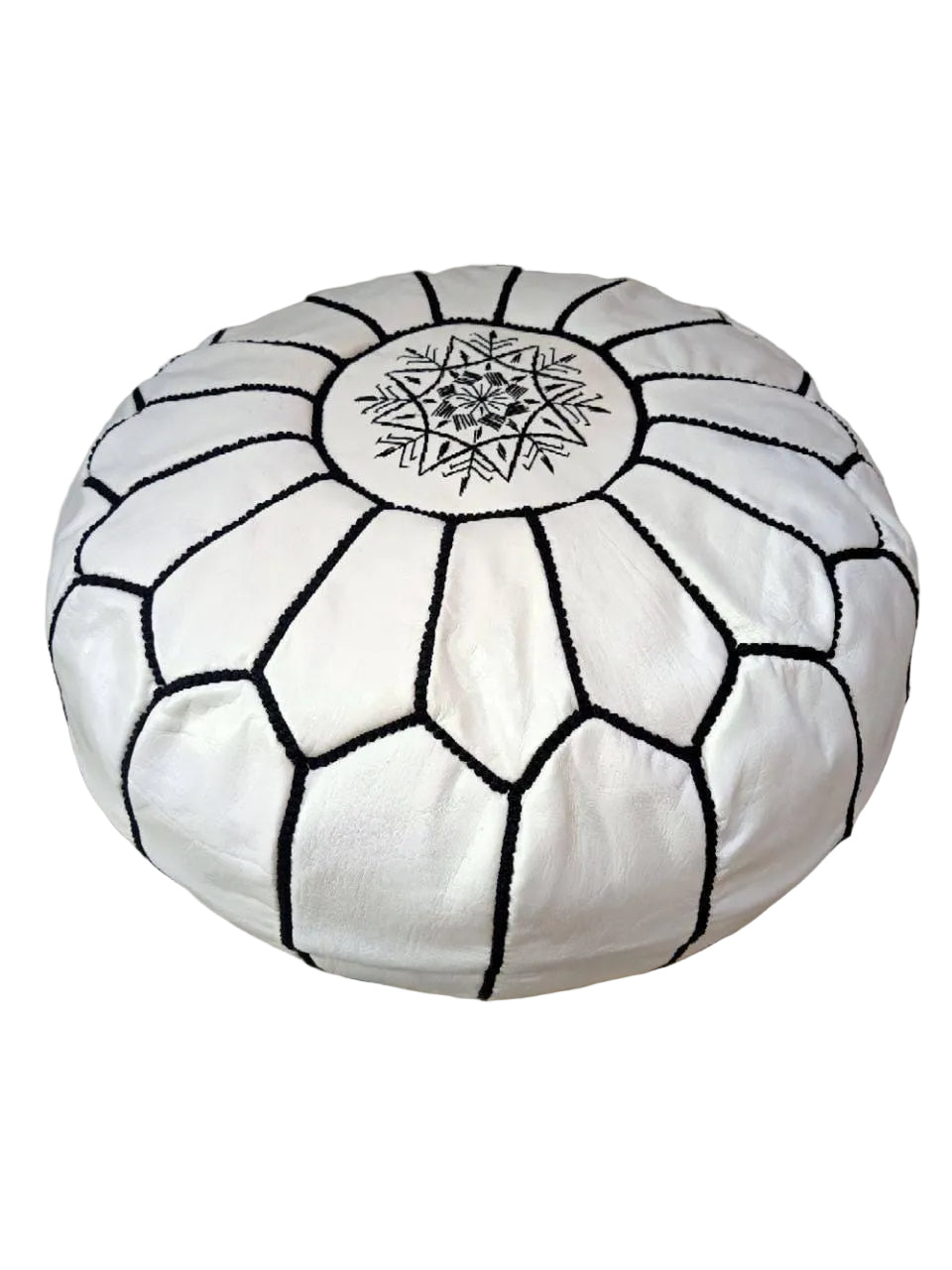 Handmade Moroccan Leather Pouf – White Round Ottoman Footstool with Black Stitching