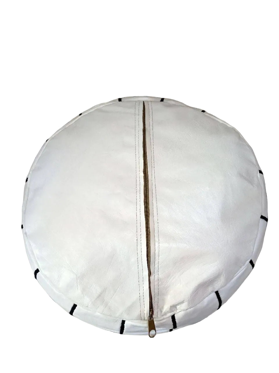 Handmade Moroccan Leather Pouf – White Round Ottoman Footstool with Black Stitching