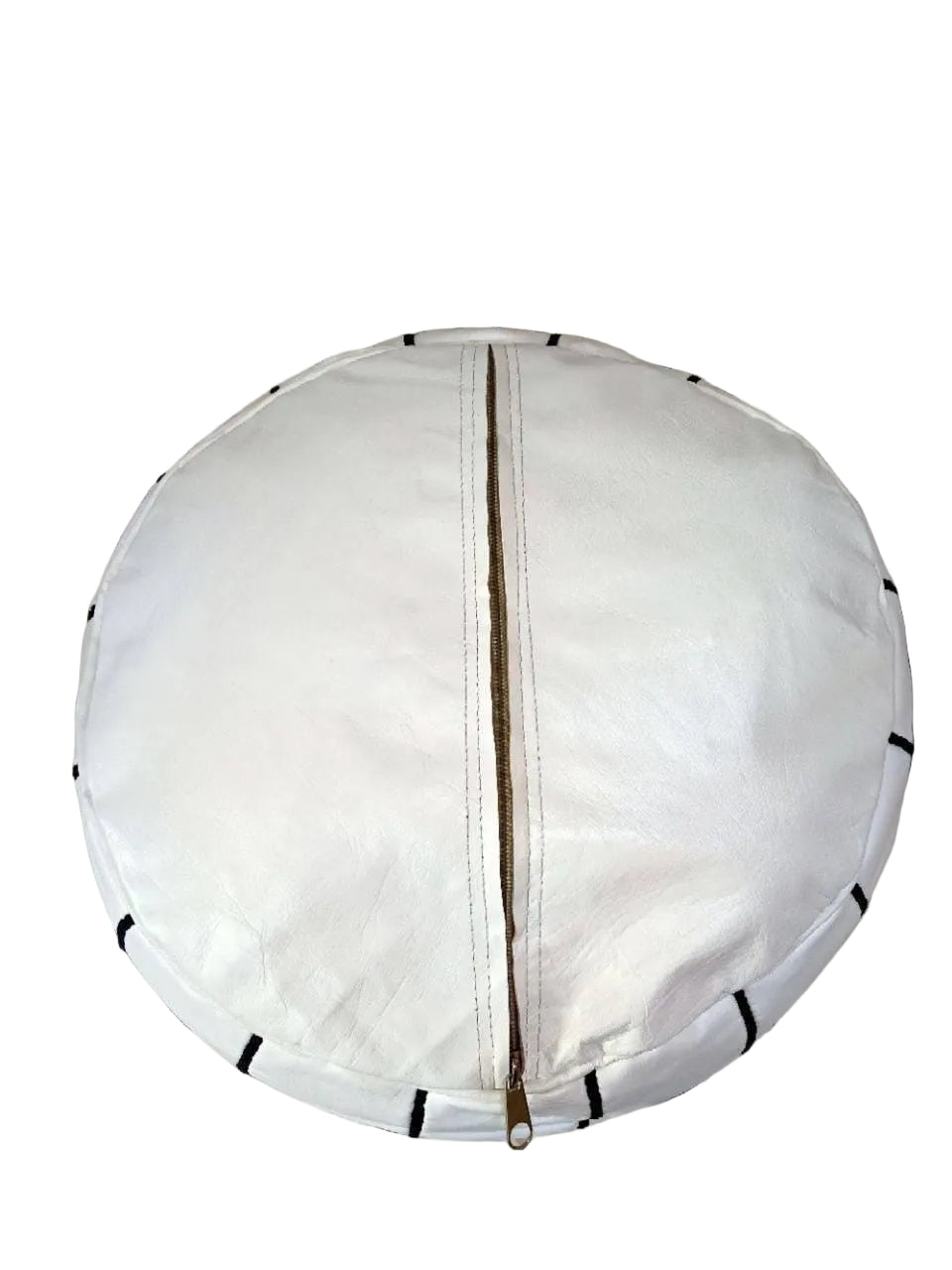 Handmade Moroccan Leather Pouf – White Round Ottoman Footstool with Black Stitching