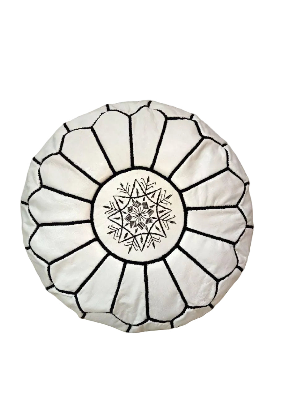 Handmade Moroccan Leather Pouf – White Round Ottoman Footstool with Black Stitching